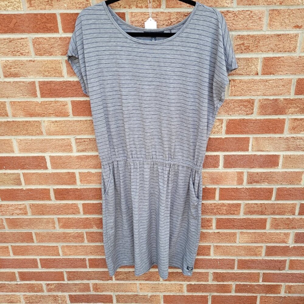 Toad & Go Blouson Dress Women's Size Large Grey and Black Striped